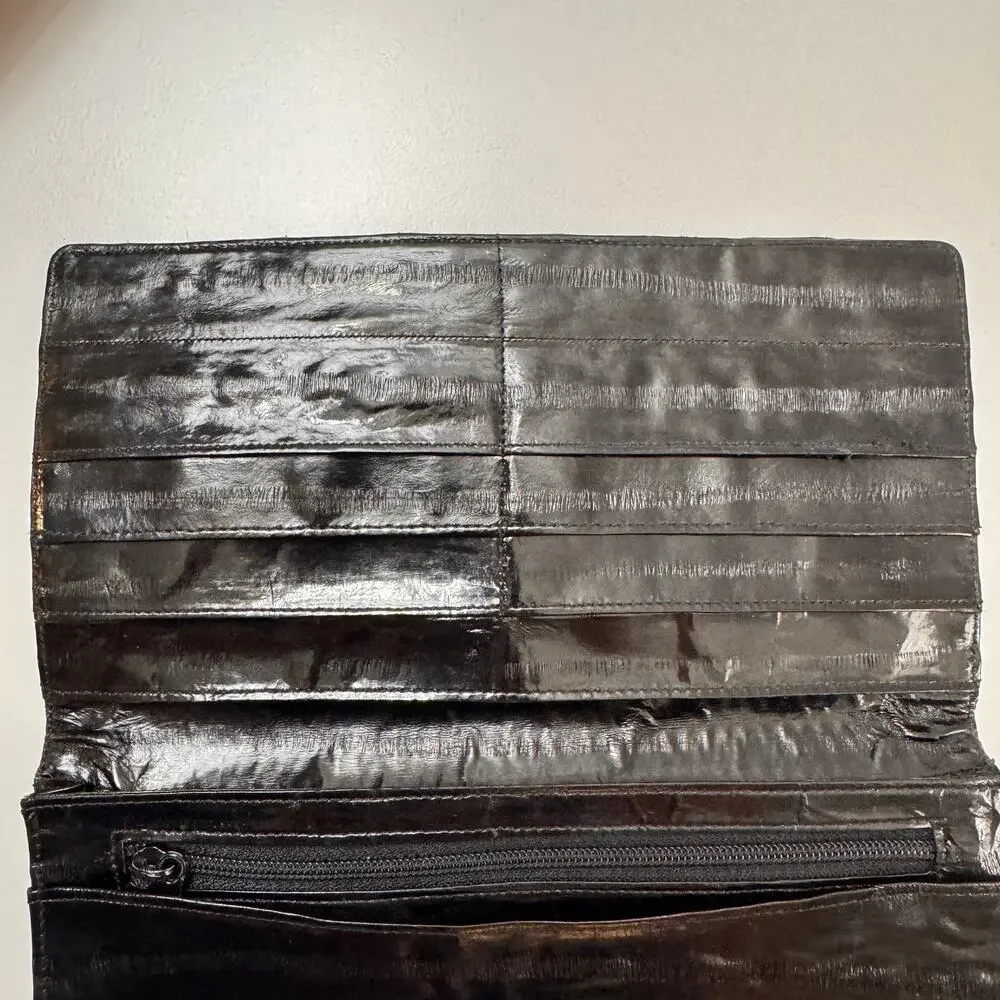 Vintage Handbag Black Genuine Eel Skin Leather Pockets Bifold Credit Card Wallet